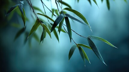 Delicate Bamboo Leaves on a Soft Blue Background in Natural Light