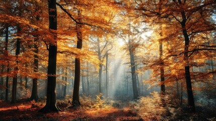Obraz premium Tranquil Autumn Forest with Golden Leaves and Soft Sunlight