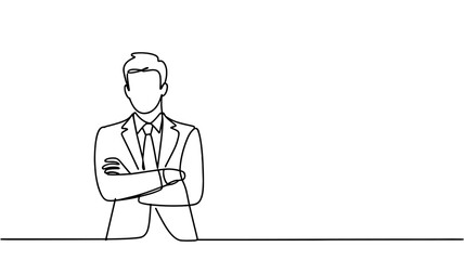Minimalist one line vector illustration of a businessman standing with crossed arms, representing confidence, focus, and professional contemplation.