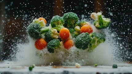 Frozen vegetables explode in a flurry of white