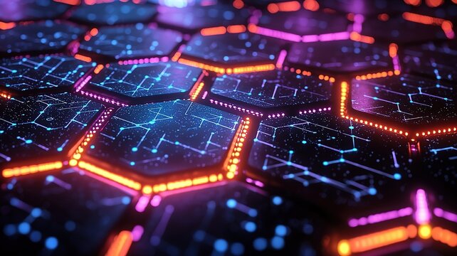 Dark blue gradient futuristic abstract background with glowing hexagons and data network, 3D design
