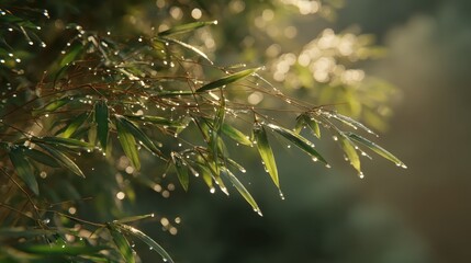 Dew-kissed bamboo leaves glistening in soft morning light