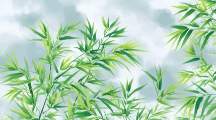 Fototapeta premium Lush Bamboo Leaves Against Soft Cloudy Sky Background Nature