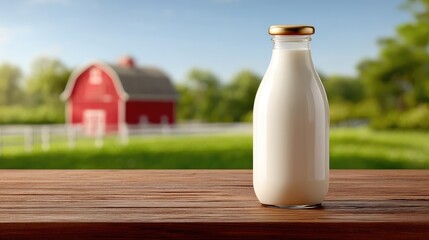 Fresh Glass Bottle of Milk on Wooden Table with a Red Barn and Green Meadow Background in Bright Daylight