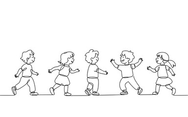 Fototapeta premium Continuous line drawing of five cheerful kids running and playing together, symbolizing childhood, friendship, fun, and outdoor activity.