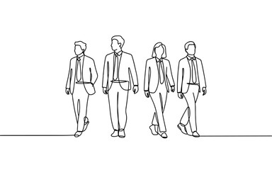 Continuous line drawing of a group of business people walking together, symbolizing teamwork, leadership, unity, and corporate collaboration