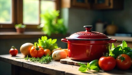 Rustic Enamel Cast Iron Cooker with Fresh Vegetables, bathed in sunlight on a worn wooden table, ready for a hearty home-cooked meal.  A scene of wholesome country cooking.