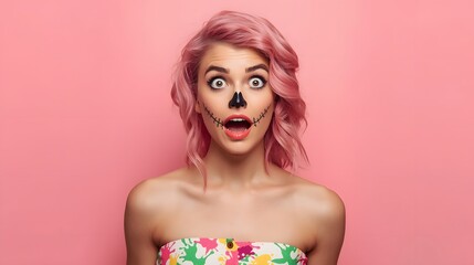 Surprised young woman with vibrant pink hair and playful skull face paint posing against bright pastel background for creative beauty concept imagery - halloween