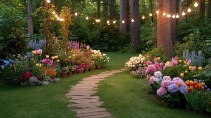 Serene Garden Pathway with Colorful Flowers and Soft Lighting for Outdoor Events and Gatherings in Nature