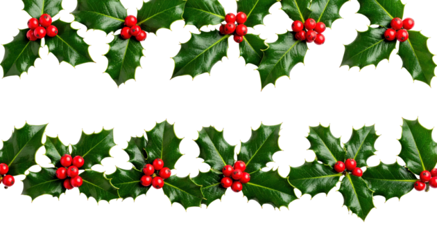Two parallel rows of vibrant green holly leaves and bright red berries cascade against a stark black backdrop, evoking a festive and natural design - Powered by Adobe