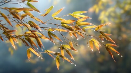 Fresh Green Leaves with Morning Dew in Soft Natural Light