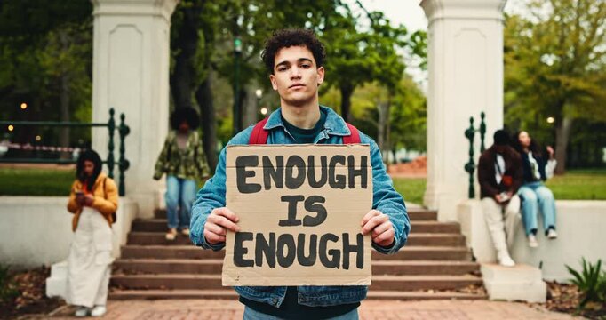Student, protest and man with sign, university and demand for change, unhappy or fight for injustice. Activist, message and person with board for financial crisis, debt and tuition fees in college