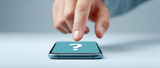 Finger Pressing Question Mark on Smartphone Screen in Bright Indoor Space