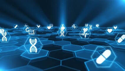 Futuristic digital interface with glowing blue medical and healthcare icons on a hexagonal grid, representing advances in science and biotechnology - Powered by Adobe