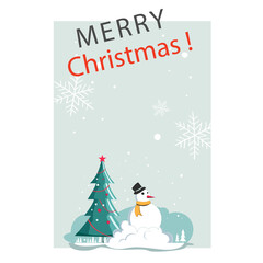 Festive Merry Christmas Greeting Card Featuring a Snowman and Decorated Pine Tree with Falling Snowflakes on a Light Blue Background