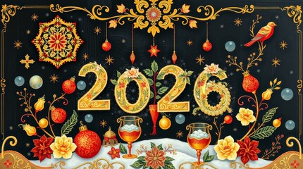 Ornate Traditional Folk Art New Year Greeting Card Gold Floral Christmas Background_6