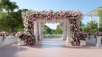 Romantic garden arch adorned with blooming pink roses in a serene outdoor setting under a clear blue sky