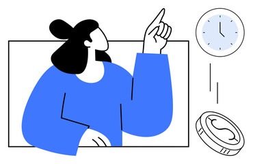 Woman pointing upward with a clock and coin symbolizing time management, decision-making, and financial planning. Ideal for productivity, focus, career, economics, saving, business goal-setting