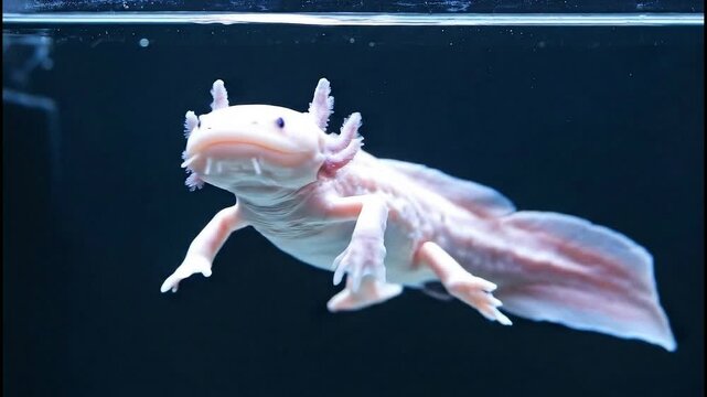 Close up of a pink axolotl swimming in dark water with its gills visible.