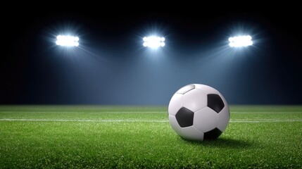 Naklejka premium Soccer Ball on Green Field with Spotlight Beams in a Nighttime Sports Setting
