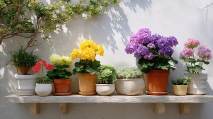 Colorful Flower Pots on Wooden Shelf with Bright Blooms for Indoor or Outdoor Decoration and Gardening Inspiration