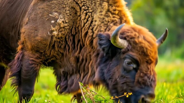 Majestic European Bison Grazing in a Lush Green Meadow on a Sunny Day.