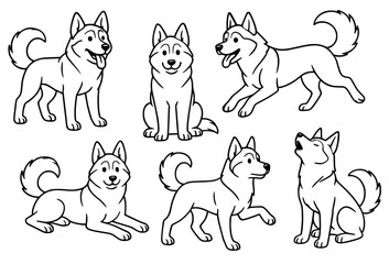 Vector outline for coloring, collection of 6 Siberian Husky (dog)