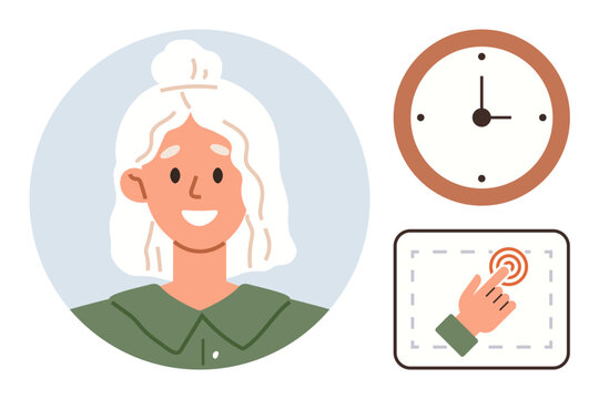 Woman with a smile, minimal clock face showing time, tap gesture on touchscreen. Ideal for productivity, time management, decisions, technology, communication, mindfulness simple flat metaphor