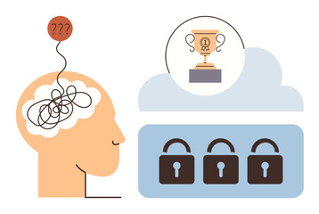 Head entangled in thoughts, cloud showing trophy, locked compartments. Ideal for success, goal-setting, problem-solving, mental clarity, overcoming challenges brainstorming creative thinking. A