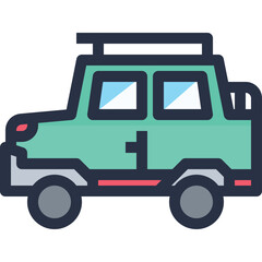 Green Four Door Off Road Vehicle with Roof Rack and Spare Tire Outline Illustration on Transparent Background