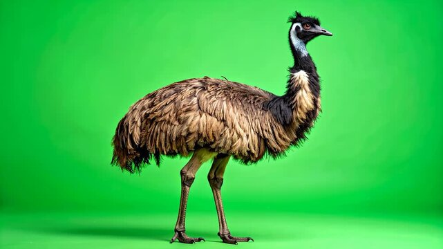 Emu Bird Standing Proudly Against a Vibrant Green Background.