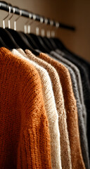 Cozy Knit Sweaters Hanging Neatly on a Wooden Rack