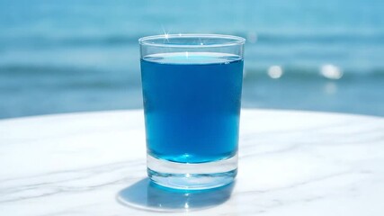 A refreshing glass of blue colored drink placed on a marble table with a blurred ocean and sky in the background on a sunny day