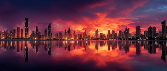 Fototapeta premium Vibrant Night Cityscape with Fireworks Over a Reflective Waterfront Skyline at Dusk