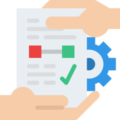 Hands Holding Document With Workflow Diagram and Gear Icon Showing Progress and Completion In Flat Design Style