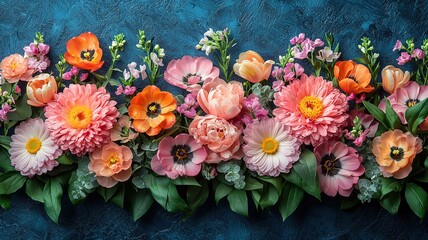 Dark background vintage floral arrangement with chrysanthemums, peonies, tulips top view, spring design

