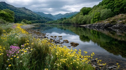 Serene loch in Scotland with vibrant wildflowers blooming along the rocky shoreline, perfect for travel brochures and nature-themed campaigns