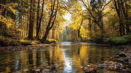 Stunning autumn forest scene with golden light reflecting in the flowing river, perfect for nature lovers and outdoor adventure inspiration