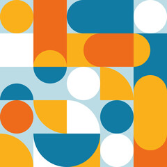 Obraz premium Mid Century Modern Abstract Geometric Design With Orange Blue Yellow And White Shapes On A Light Blue Background Featuring Circles Squares And Rounded Rectangles