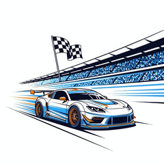 Scalable AI vector modern racing car. Glowing stadium, checkered flag, clean white background. Essential for commercial use, car design, and competition.
