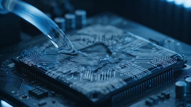 Water Poured Over Central Processing Unit On Electronic Circuit Board Cooling Concept