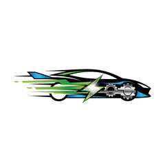 Sustainable speed identity. Glowing energy bolt and gear with a hybrid car. Use for web, print, marketing, and environmentally conscious racing clubs.