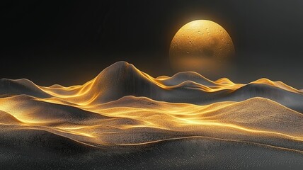 Black background oriental style golden line art mountains with moon vector illustration for wall decor
