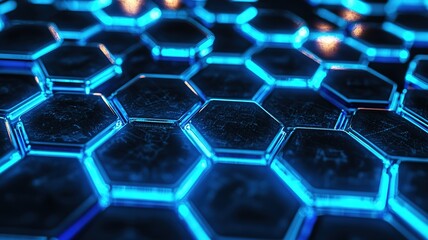 Dark blue gradient futuristic abstract background with glowing hexagons and data network, 3D design
