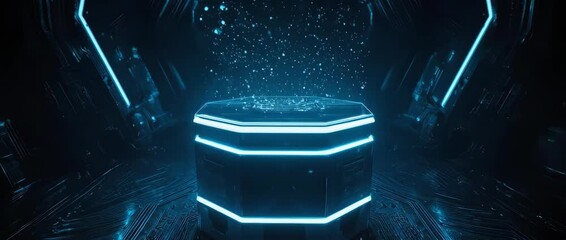 Glowing neon blue 3D pedestal in a high-tech lab with floating holographic particles. Ideal for technology showcases, gaming content, or futuristic product presentations. - Powered by Adobe