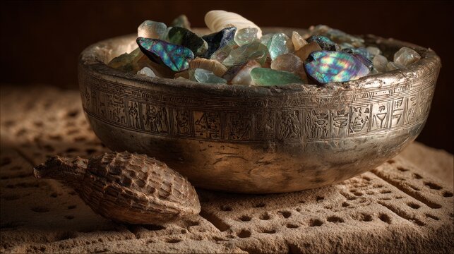 A closeup of a tarnished silver bowl filled with iridescent, fossilized sea glass and a single, perfectly preserved but unknown tropical seed pod.