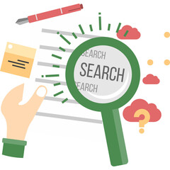 Hand Holding Magnifying Glass Over Document With Search Words Yellow Sticky Note Red Pen Floating And Red Clouds With Question Mark Scattered Around In A Flat Design Style Transparent Background