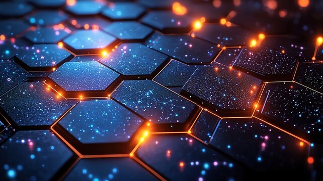 Dark blue gradient futuristic abstract background with glowing hexagons and data network, 3D design
