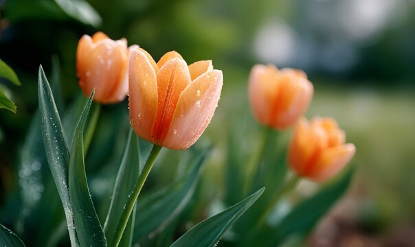 meadow filled with orange tulips, early morning light, soft warm sunlight, dewdrops on petals, shallow depth of field, detailed natural textures - Powered by Adobe
