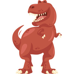 Happy cartoon red Tyrannosaurus Rex dinosaur standing on transparent background with teeth showing and eyes closed in playful pose